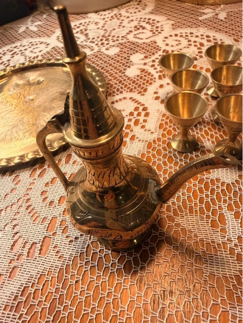 Vintage Miniature Brass Arabic Dallah Coffee Set Tray 6 Goblets